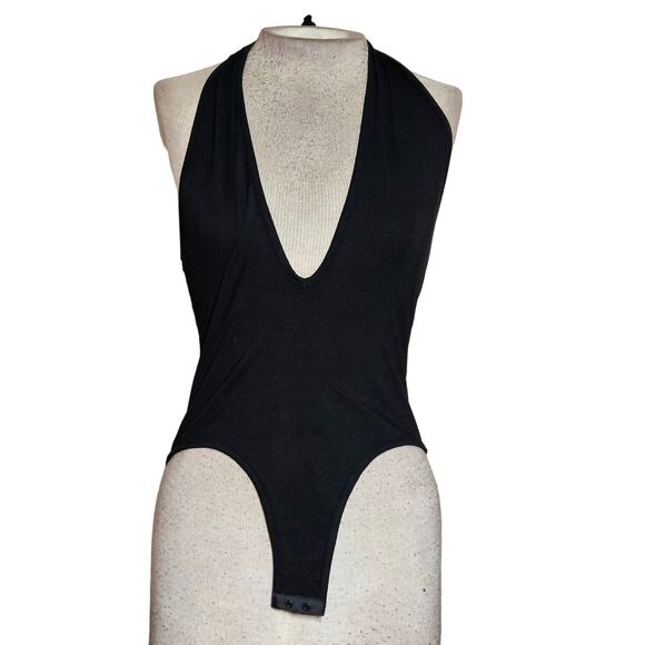 Black Deep V Neck Halter Bodysuit Size Small - Picture 1 of 4